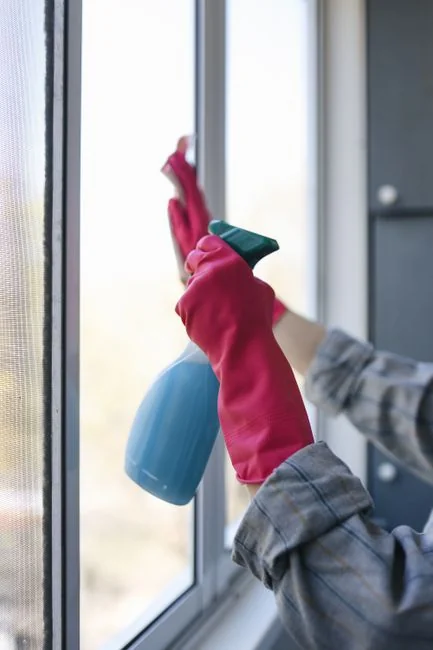 services-02 An individual sanitizes a workspace by fumigation while wearing full protective gear for safety.